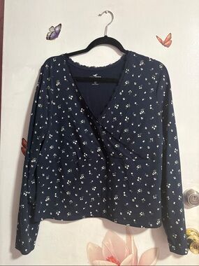 Hollister Navy Blue Floral Wrap-Front Long-Sleeve Top